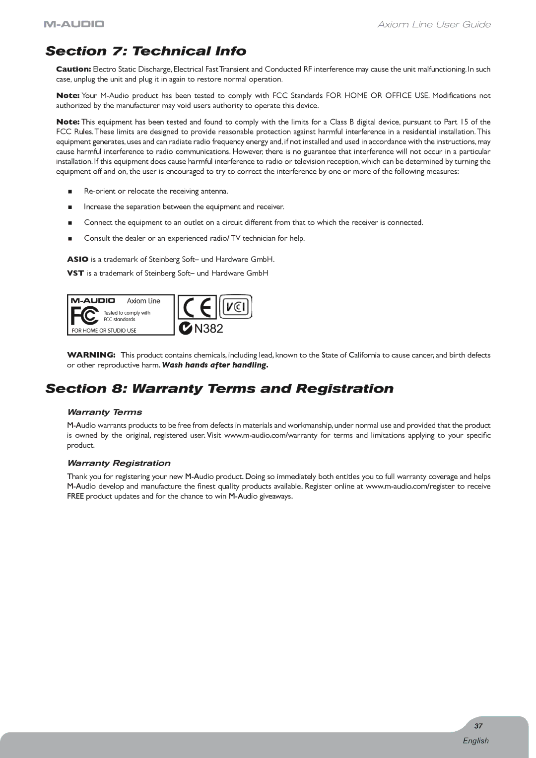 Axiom Audio Axiom 61 manual Technical Info, Warranty Terms and Registration, Warranty Terms Warranty Registration English 