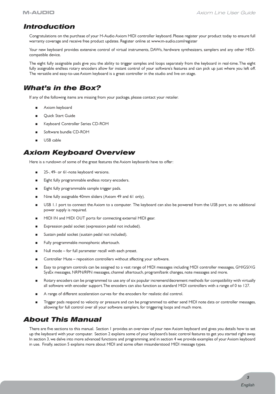 Axiom Audio Axiom 61, Electronic Keyboard Introduction, What’s in the Box?, Axiom Keyboard Overview, About This Manual 