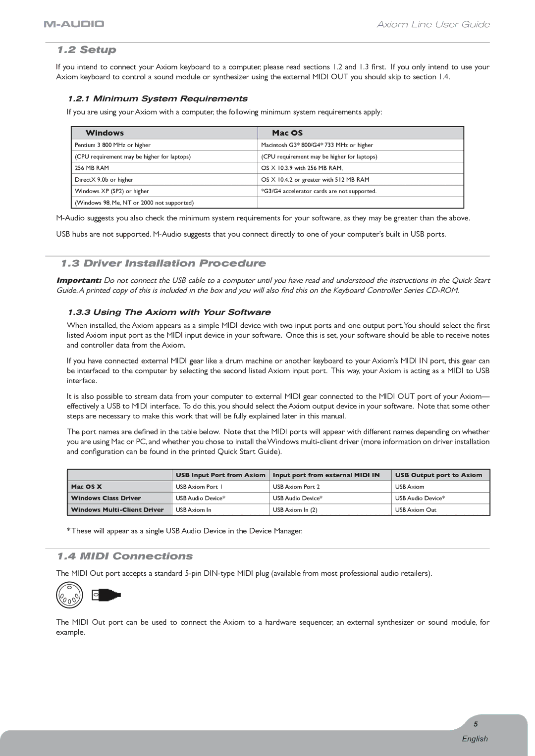 Axiom Audio Axiom 61 manual Setup, Driver Installation Procedure, Midi Connections, Minimum System Requirements 