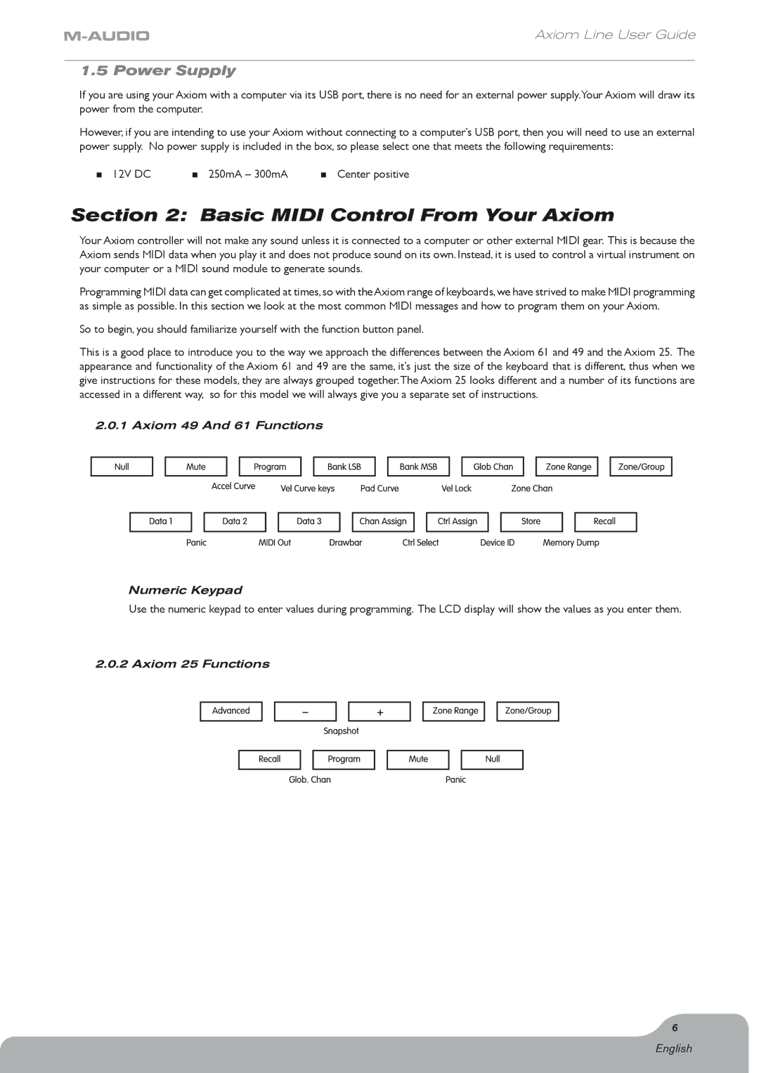 Axiom Audio Electronic Keyboard Basic Midi Control From Your Axiom, Power Supply, Axiom 49 And 61 Functions Numeric Keypad 