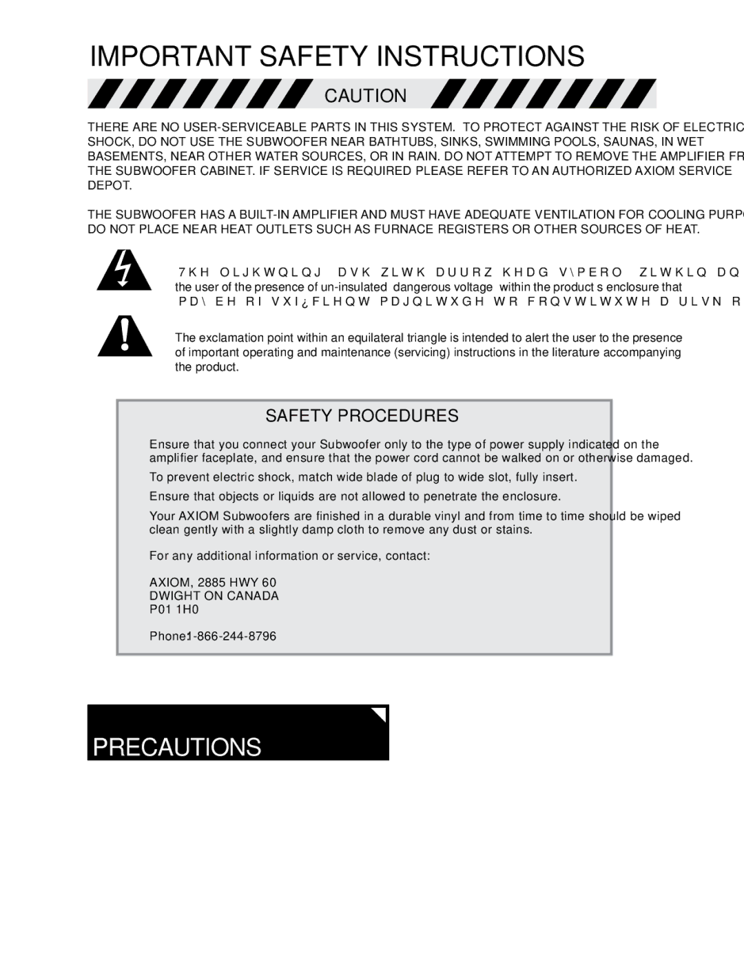 Axiom Audio EP125, EP175 setup guide Important Safety Instructions, Precautions 