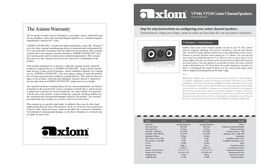 Axiom Audio VP150 owner manual Axiom Warranty, Placement / 1. Positionnement 