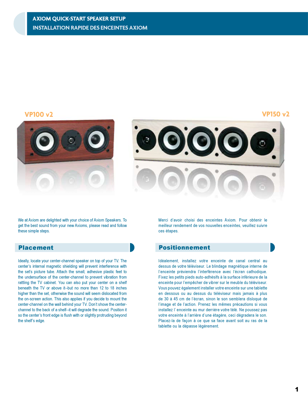 Axiom Audio VP100V2, VP150V2 setup guide Placement, Positionnement 