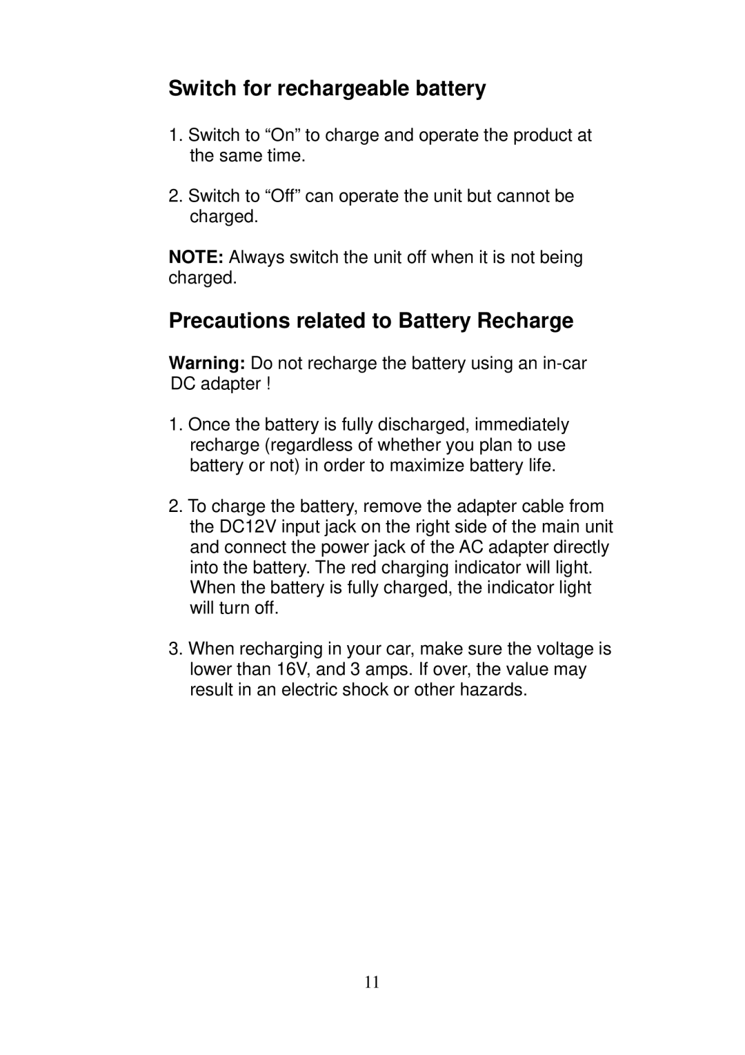 Axion 16-3350 manual Switch for rechargeable battery, Precautions related to Battery Recharge 