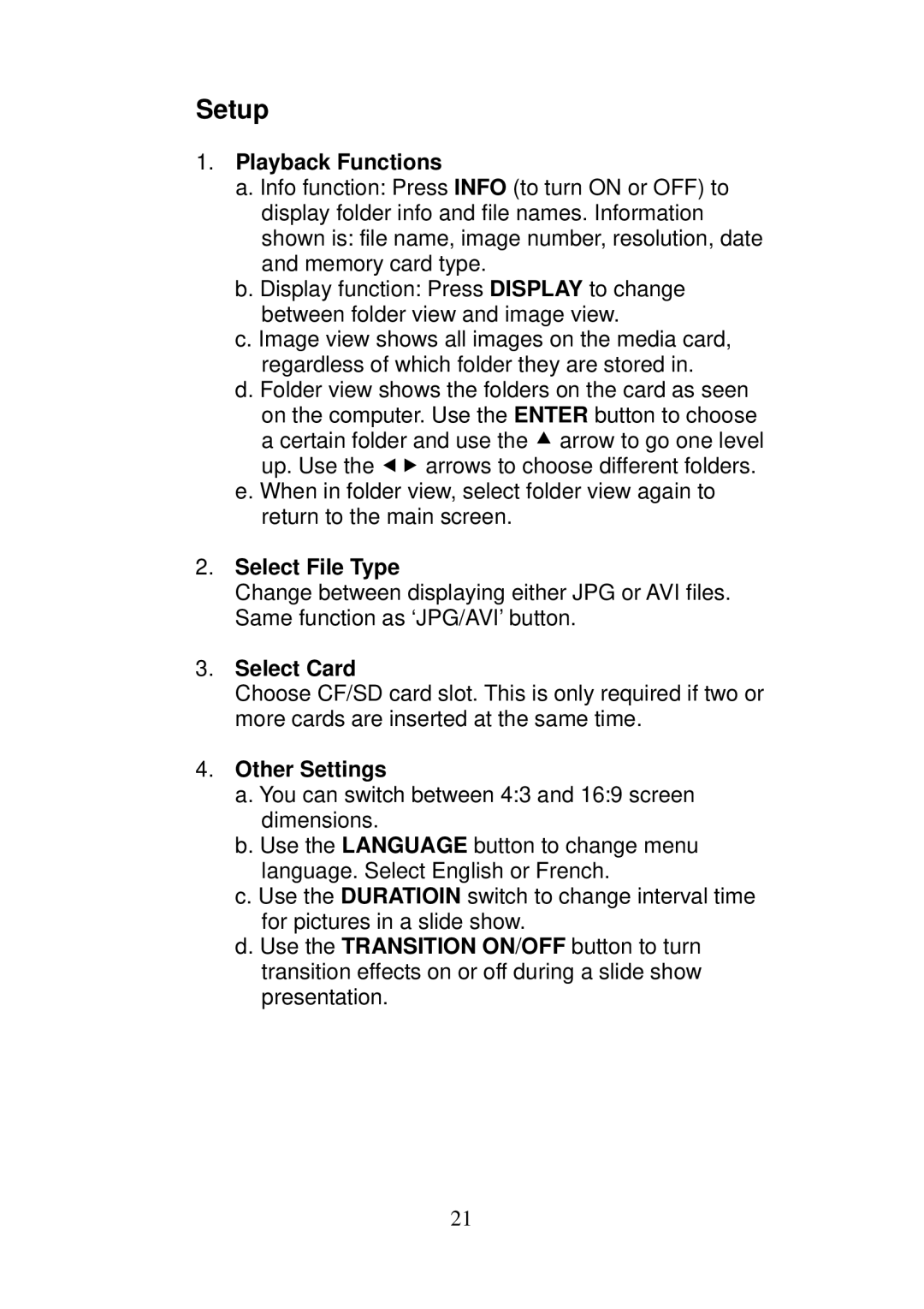 Axion 16-3350 manual Setup, Playback Functions, Select File Type, Select Card, Other Settings 