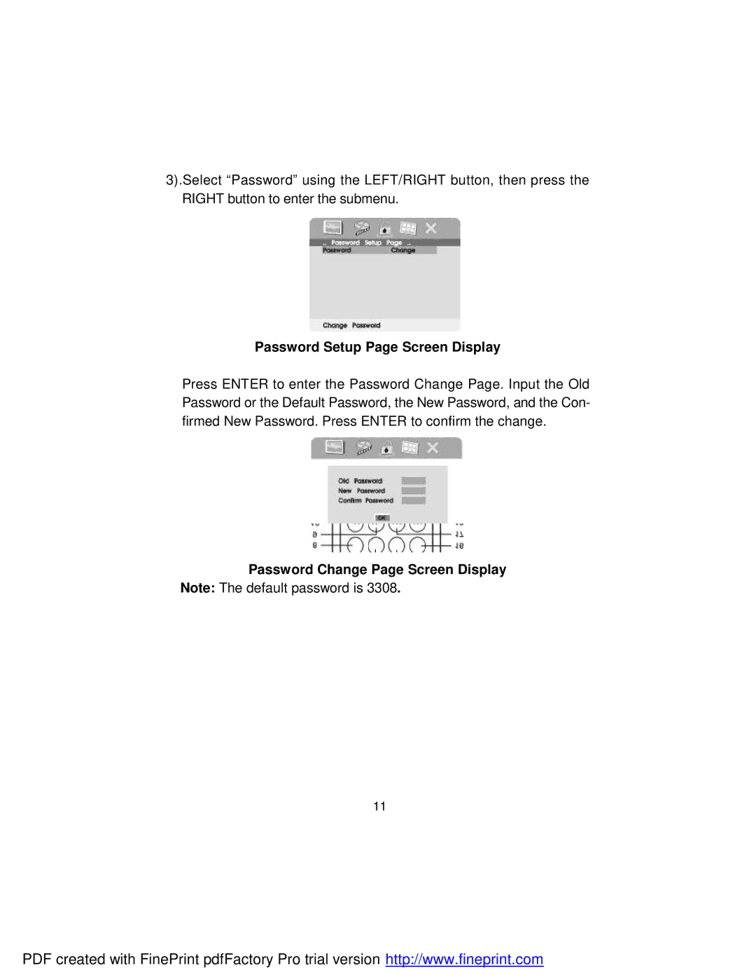 Axion 16-3903 owner manual Password Setup Page Screen Display, Password Change Page Screen Display 