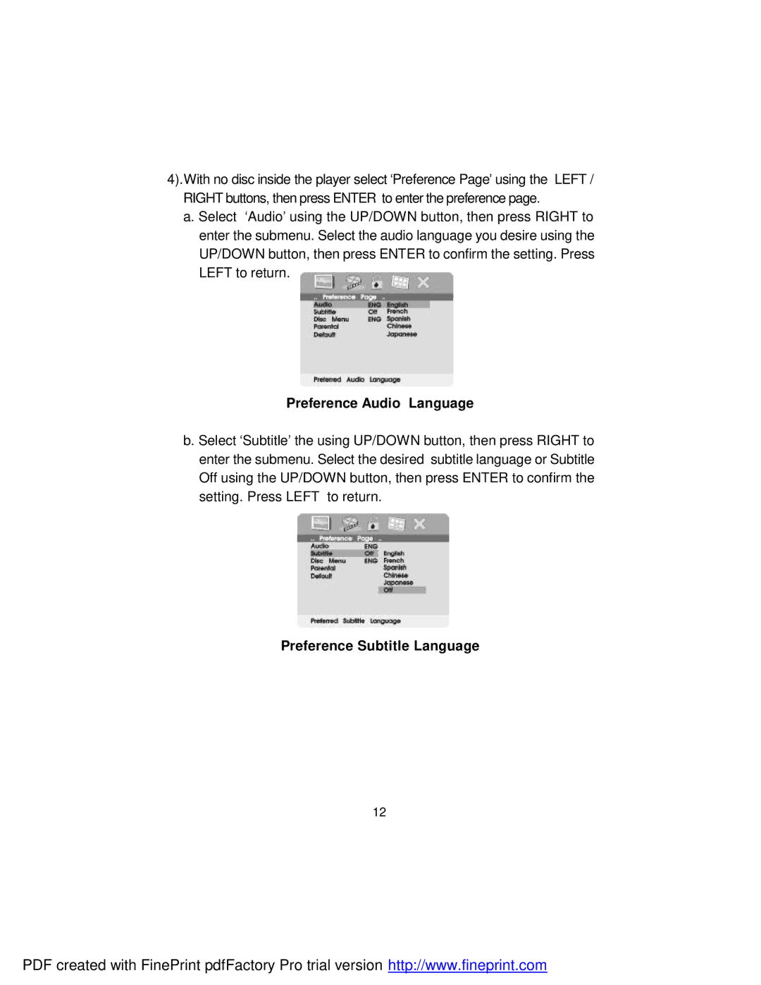 Axion 16-3903 owner manual Preference Audio Language, Preference Subtitle Language 