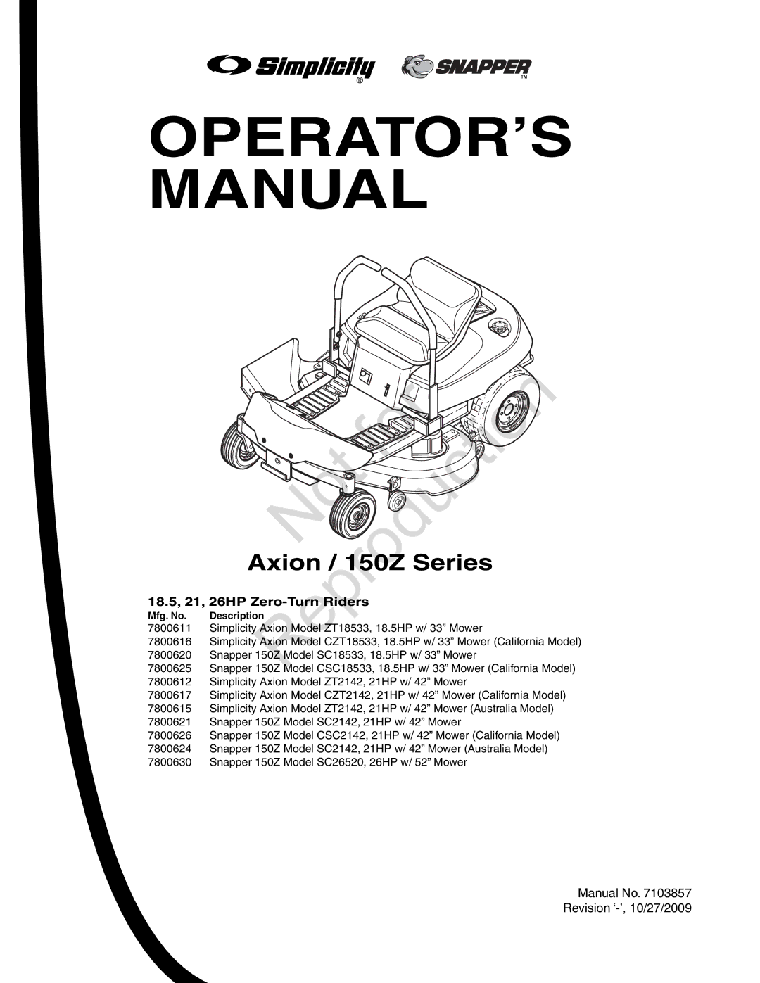 Axion CZT2142, ZT18533 manual OPERATOR’S Manual, 18.5, 21, 26HP Zero-Turn Riders 