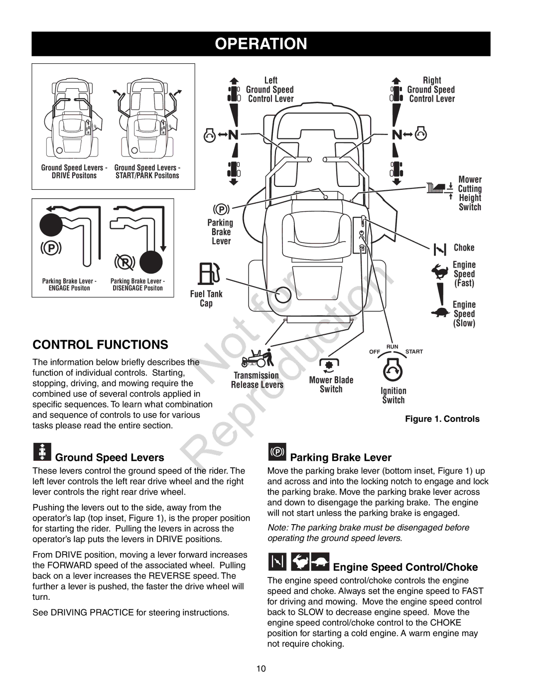 Axion CZT2142, ZT18533 Operation, Control Functions, Ground Speed Levers Parking Brake Lever, Engine Speed Control/Choke 