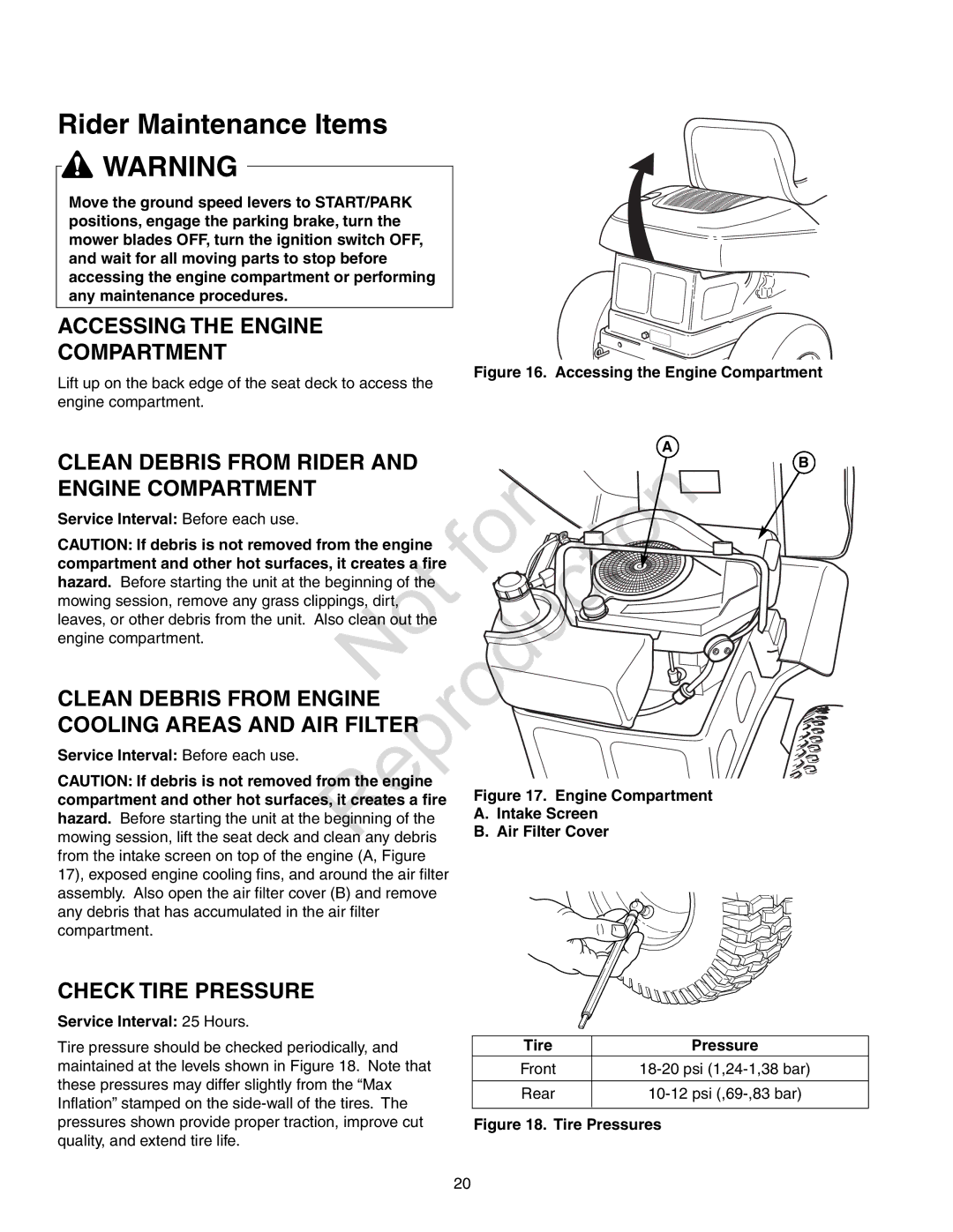 Axion ZT18533, CZT2142 manual Accessing the Engine Compartment, Cooling Areas and AIR Filter, Check Tire Pressure 