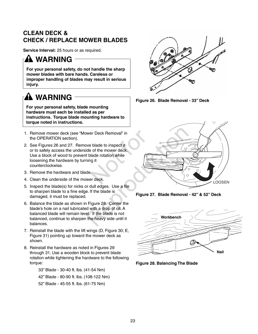 Axion ZT18533, CZT2142 manual Clean Deck Check / Replace Mower Blades, Blade Removal 42 & 52 Deck 