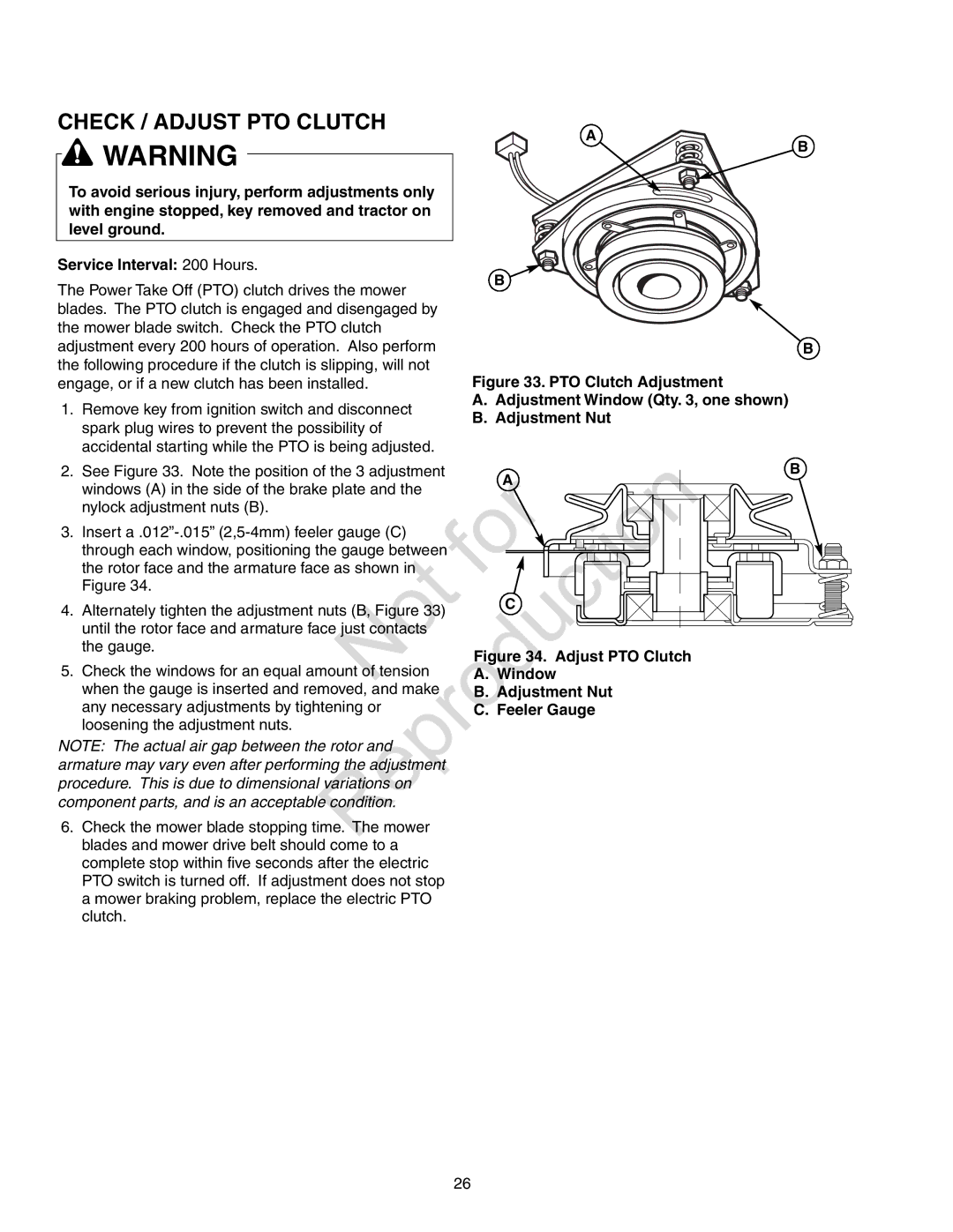 Axion ZT18533, CZT2142 manual Check / Adjust PTO Clutch, Win ow, Feeler Gauge 