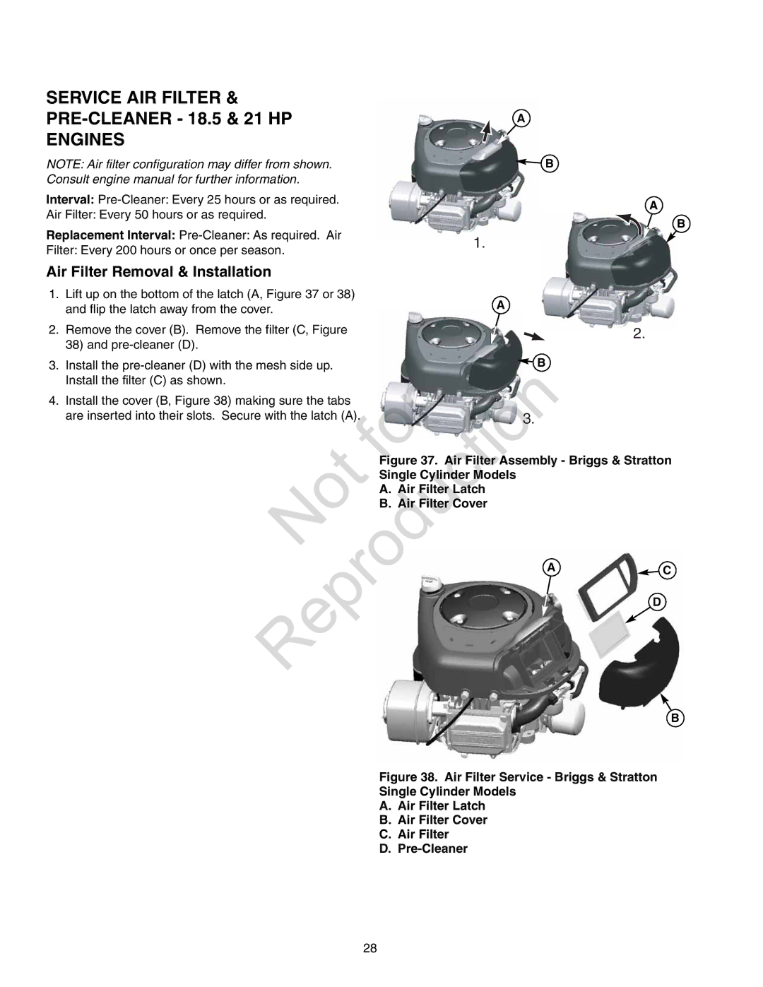 Axion CZT2142, ZT18533 manual Service AIR Filter & PRE-CLEANER 18.5 & 21 HP Engines, Air Filter Removal & Installation 