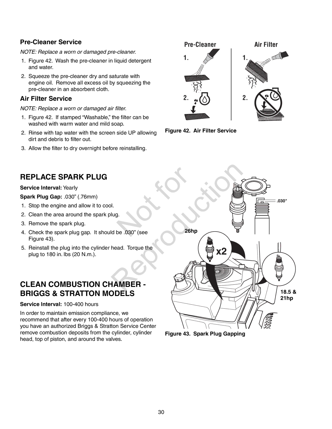 Axion ZT18533, CZT2142 manual Replace Spark Plug, Clean Combustion Chamber Briggs & Stratton Models, Pre-Cleaner Service 