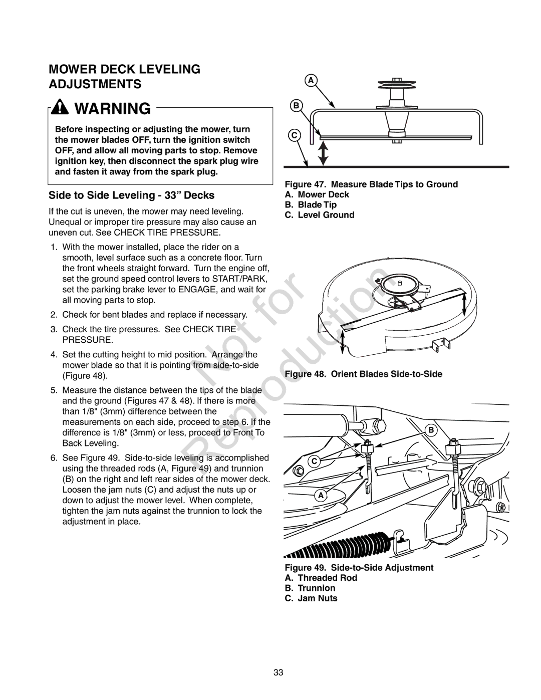 Axion ZT18533, CZT2142 manual Mower Deck Leveling Adjustments, Side to Side Leveling 33 Decks 