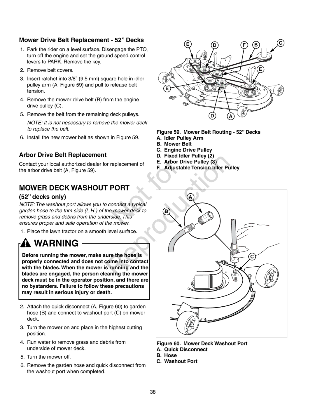 Axion ZT18533, CZT2142 manual Mower Deck Washout Port, Arbor Drive Belt Replacement, Decks only 