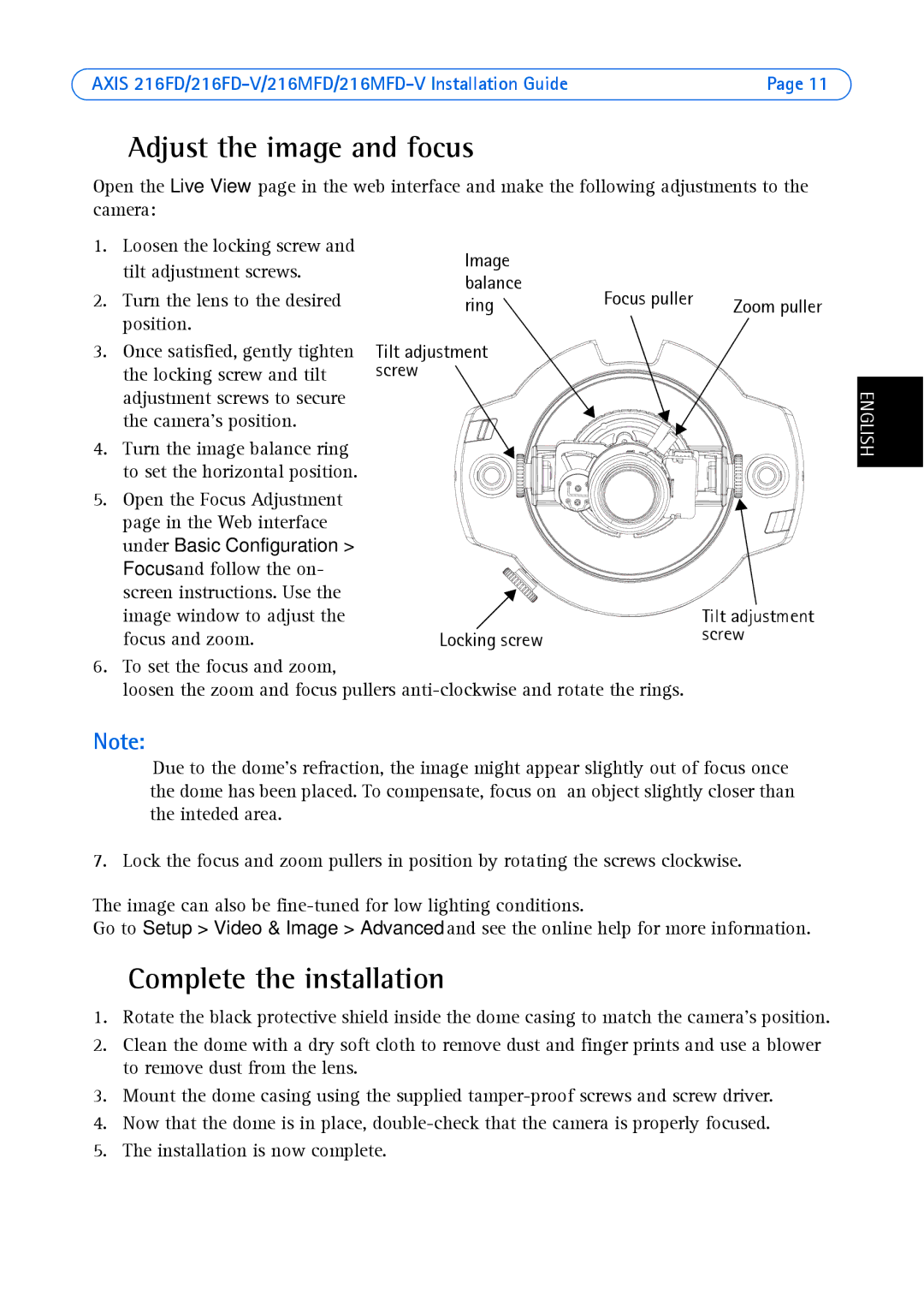 Axis Communications 18613 manual Adjust the image and focus, Complete the installation, Position, Locking screw Screw 