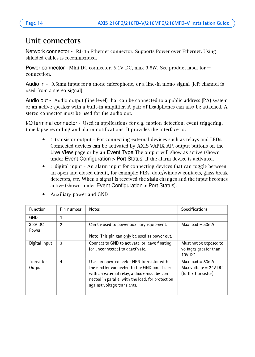 Axis Communications 18613 manual Unit connectors, Auxiliary power and GND, Function, Specifications 