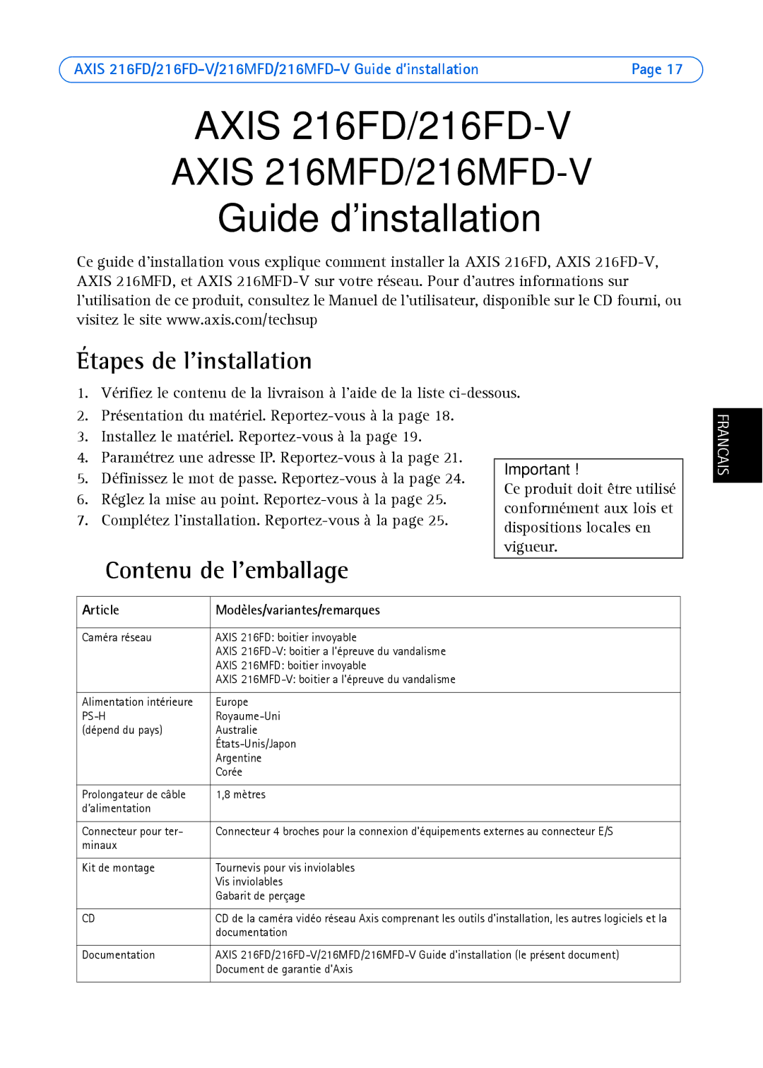 Axis Communications 18613 manual Étapes de linstallation, Contenu de lemballage, Article Modèles/variantes/remarques 