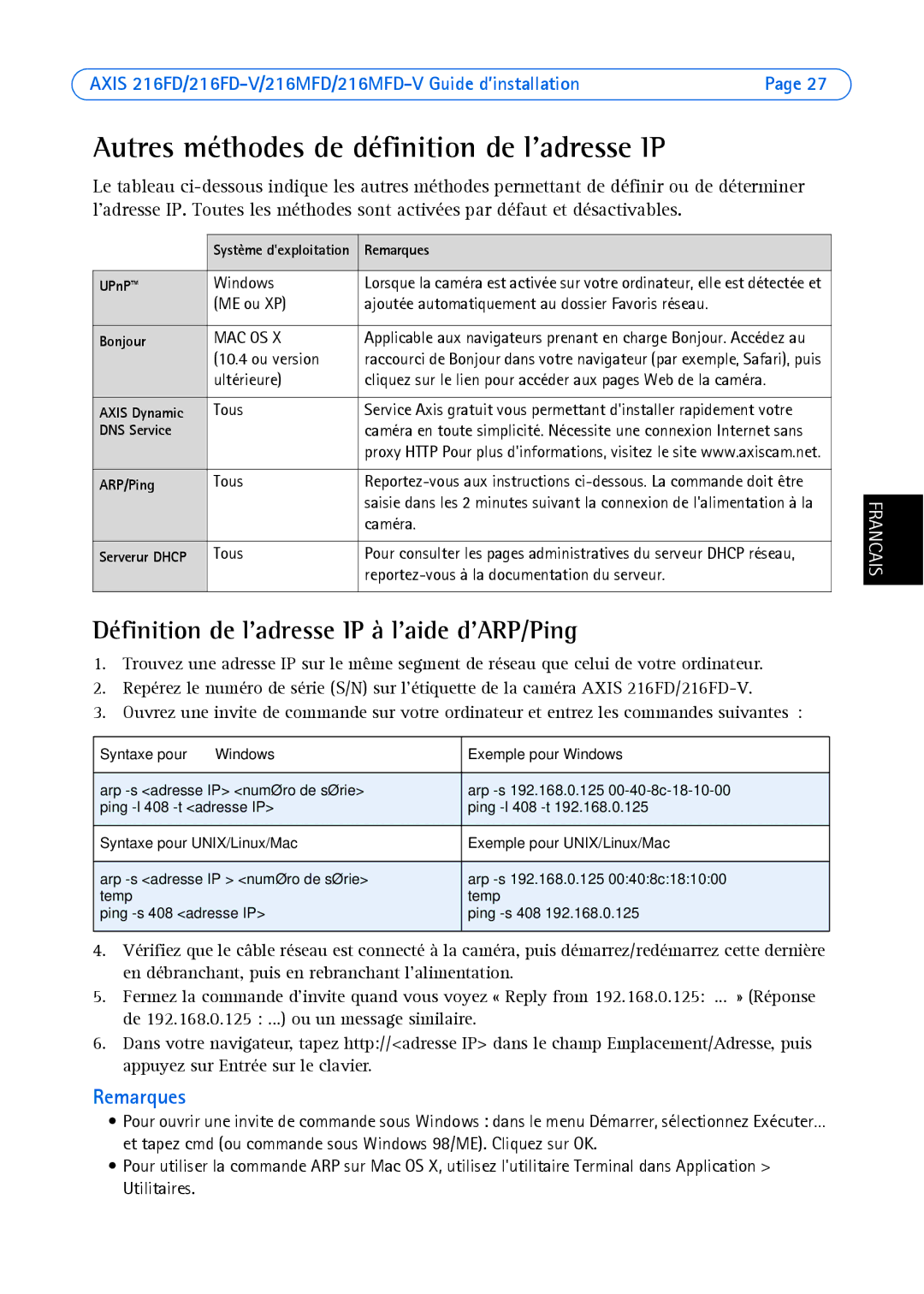 Axis Communications 18613 manual Autres méthodes de définition de ladresse IP, Définition de ladresse IP à laide dARP/Ping 