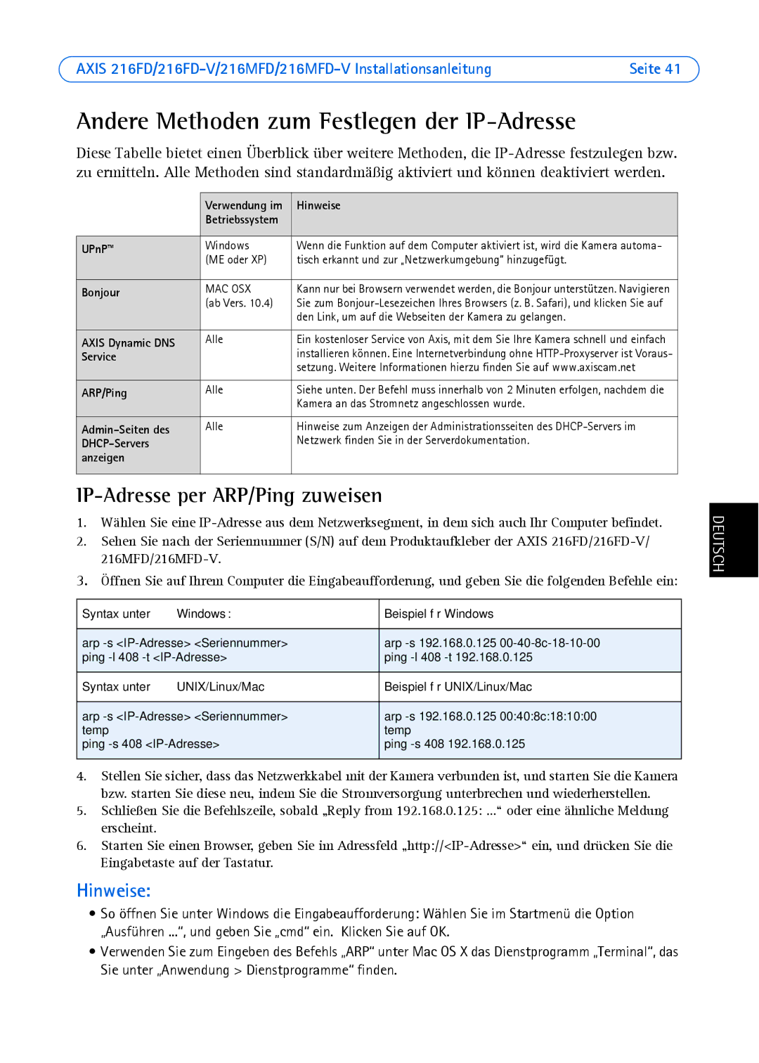 Axis Communications 18613 manual Andere Methoden zum Festlegen der IP-Adresse, IP-Adresse per ARP/Ping zuweisen 