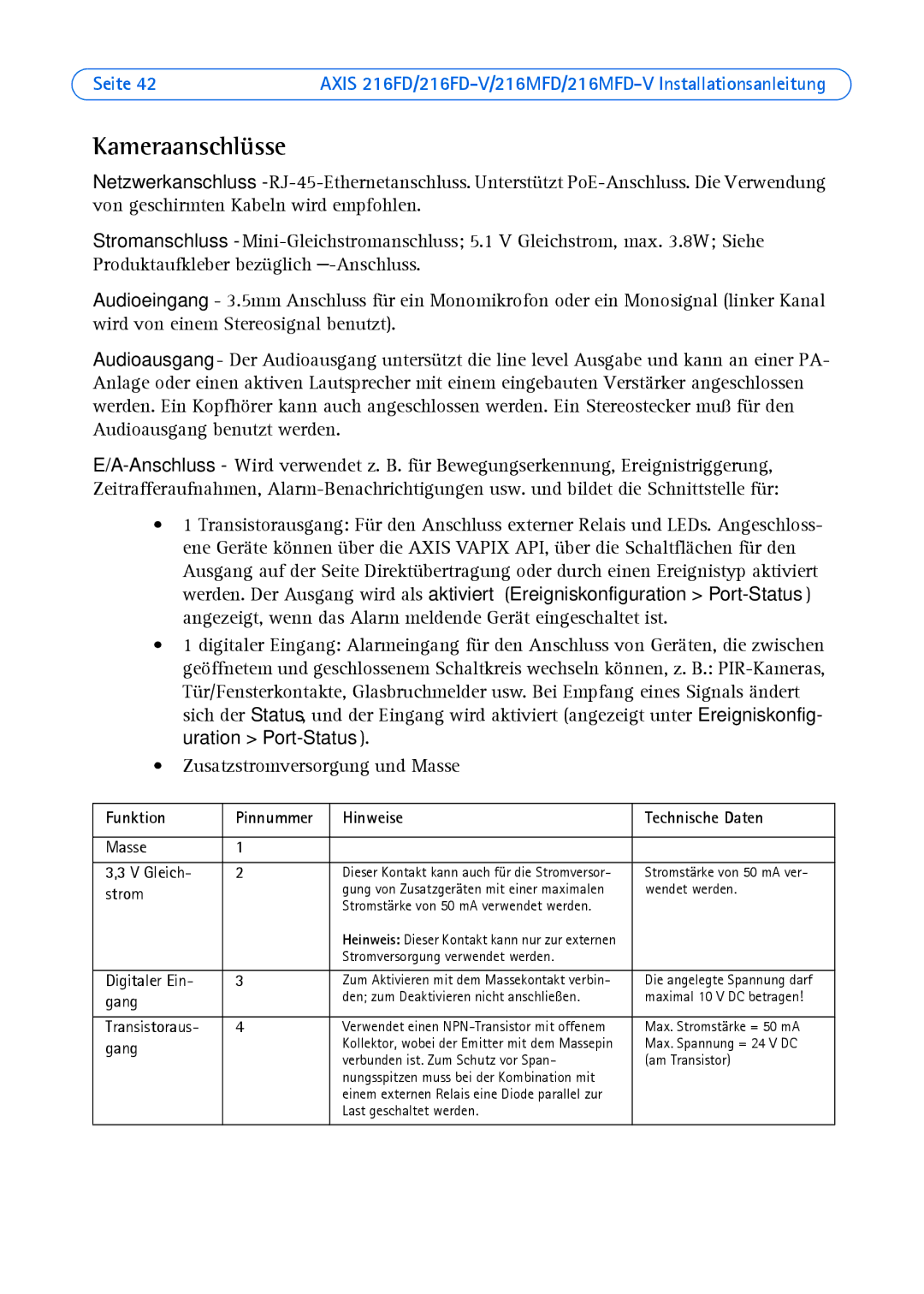 Axis Communications 18613 manual Kameraanschlüsse, Funktion, Hinweise Technische Daten 