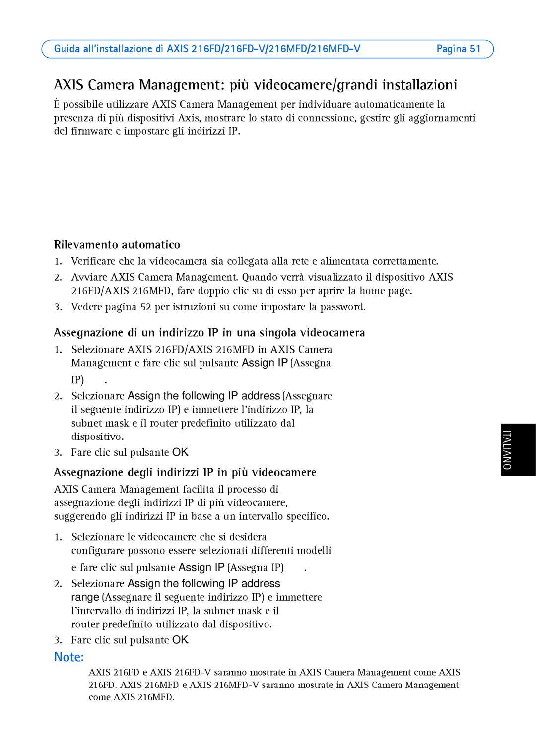 Axis Communications 18613 manual Axis Camera Management più videocamere/grandi installazioni, Fare clic sul pulsante OK 