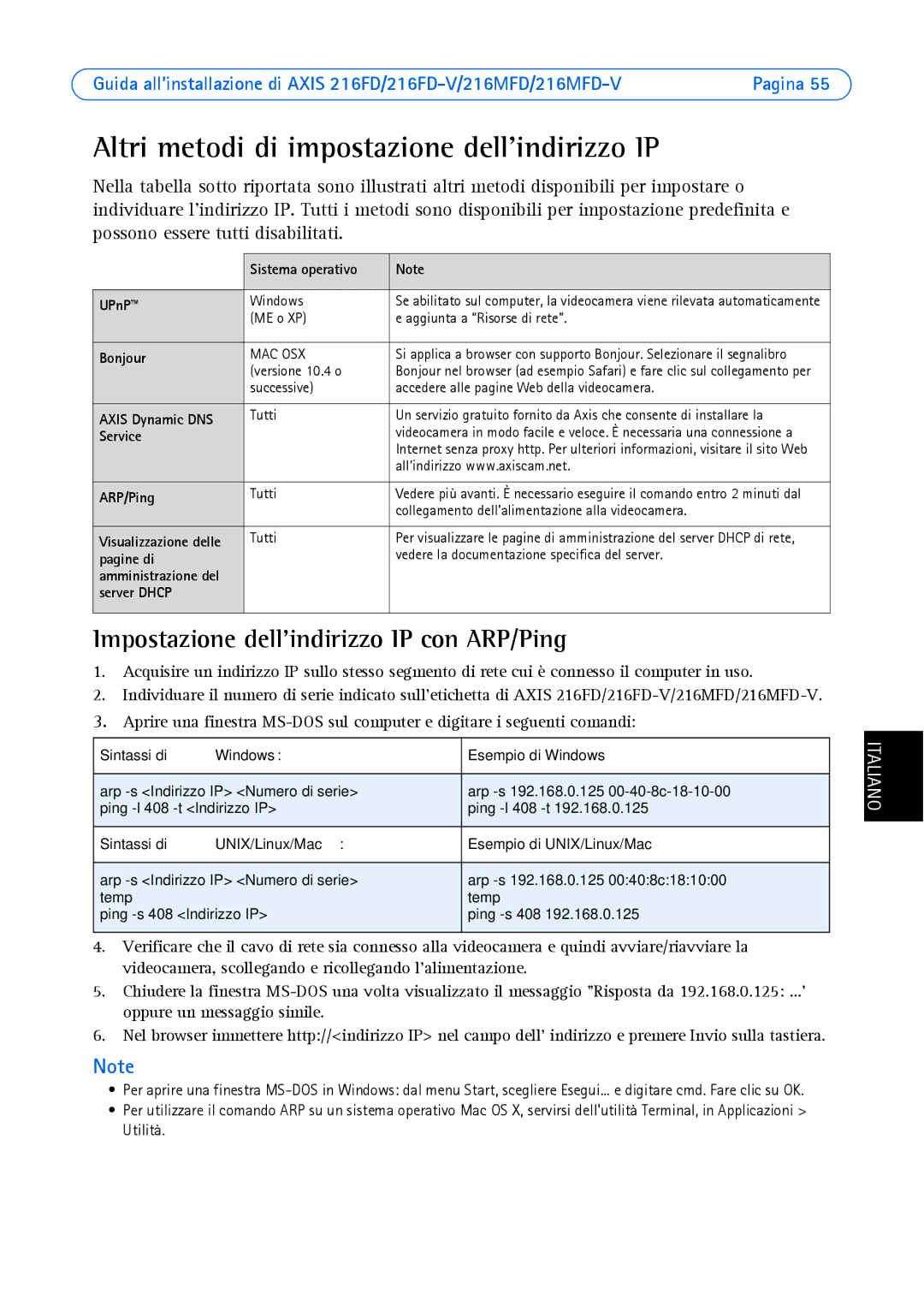 Axis Communications 18613 manual Altri metodi di impostazione dell’indirizzo IP, Impostazione dellindirizzo IP con ARP/Ping 