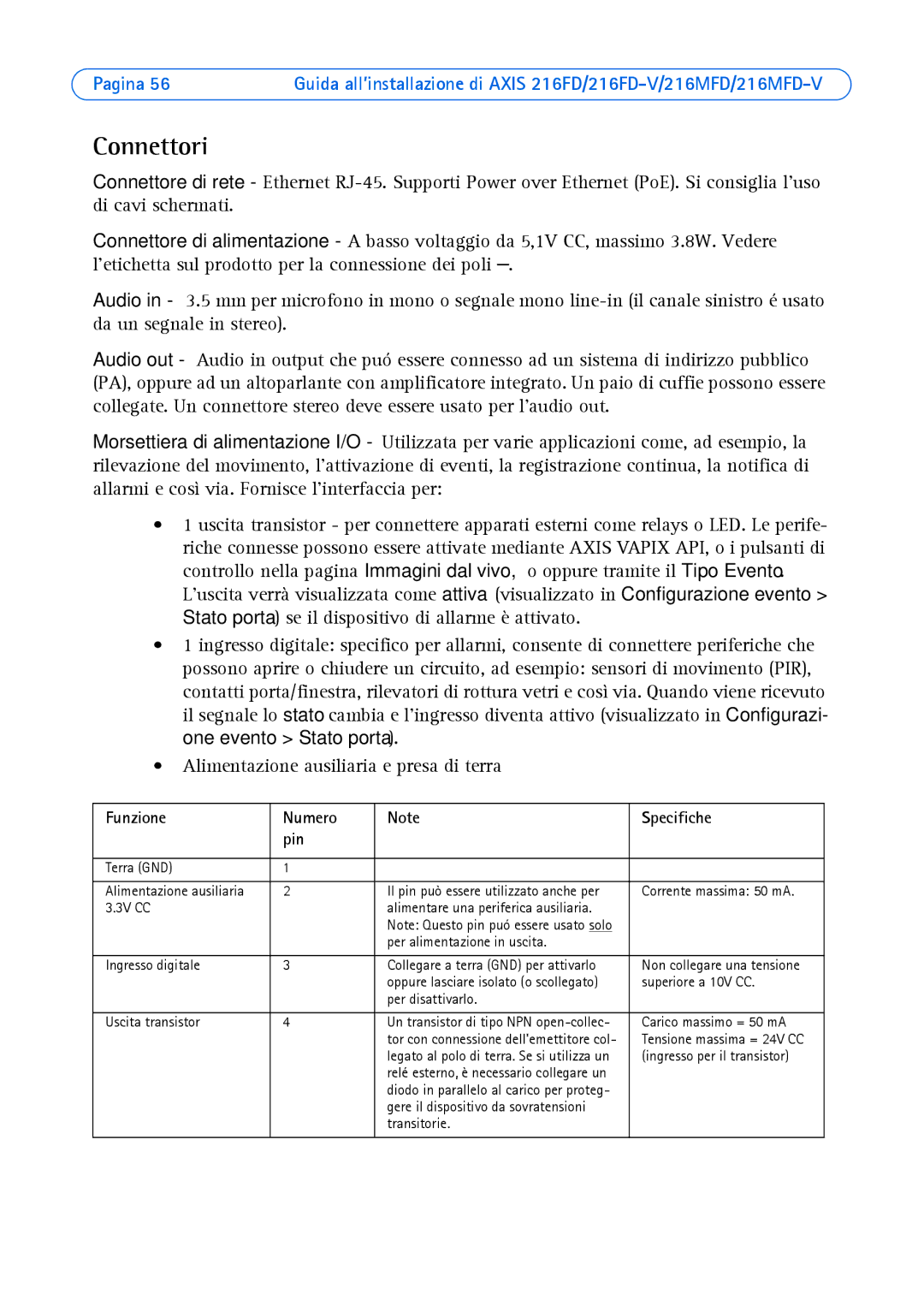 Axis Communications 18613 manual Connettori, Funzione Numero Specifiche Pin 