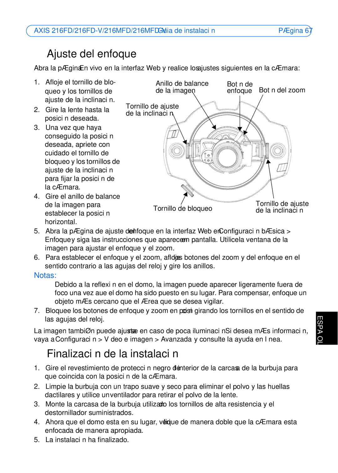 Axis Communications 18613 Ajuste del enfoque, Finalización de la instalación, De la imagen Enfoque, Tornillo de bloqueo 