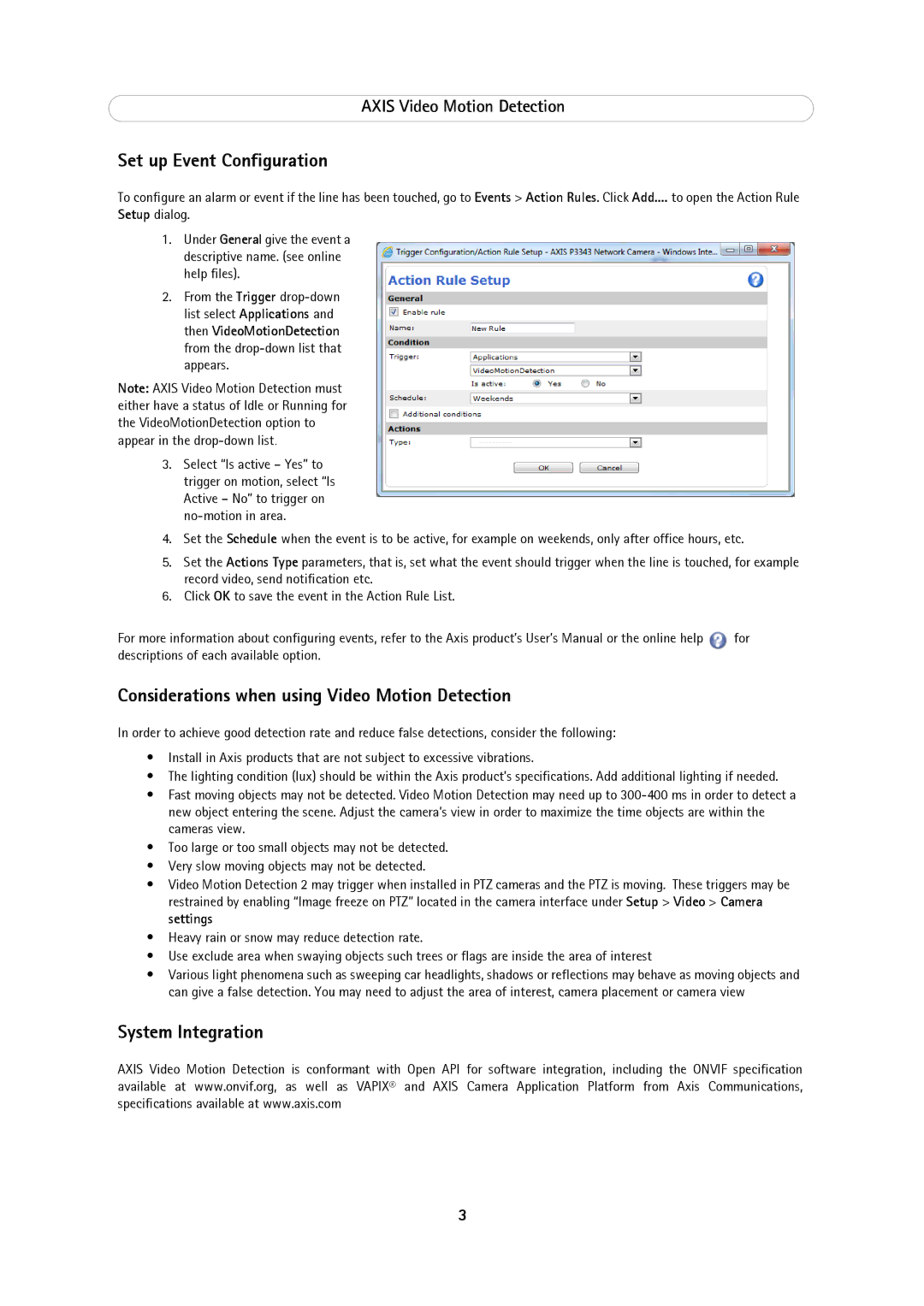 Axis Communications 2 Set up Event Configuration, Considerations when using Video Motion Detection, System Integration 