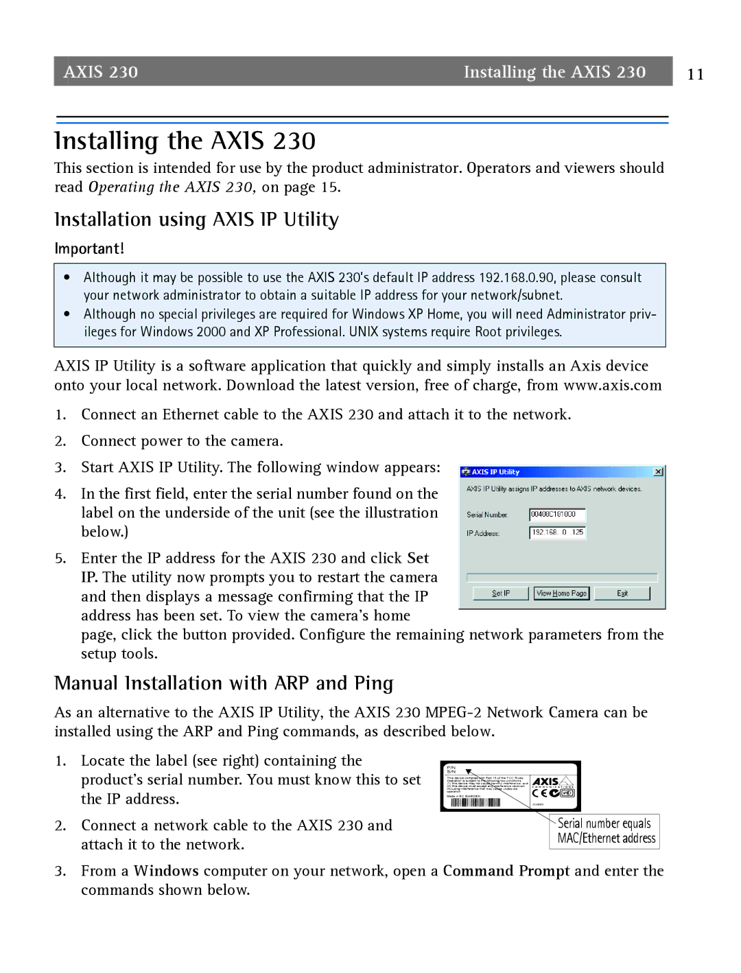 Axis Communications 2 Installing the Axis, Installation using Axis IP Utility, Manual Installation with ARP and Ping 