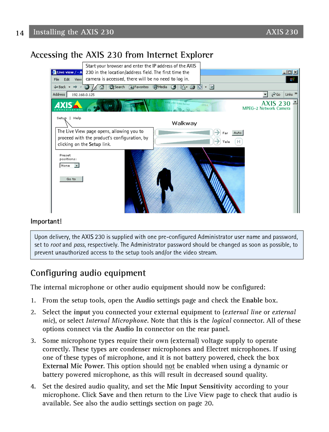 Axis Communications user manual Accessing the Axis 230 from Internet Explorer, Configuring audio equipment 