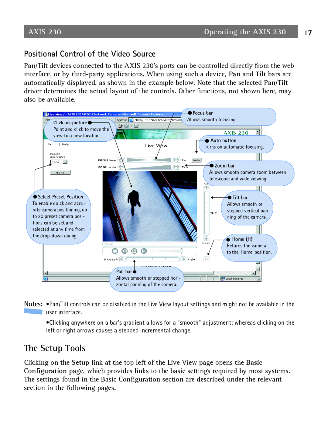 Axis Communications 2 user manual Setup Tools, Positional Control of the Video Source, Focus bar, Auto button, Pan bar 