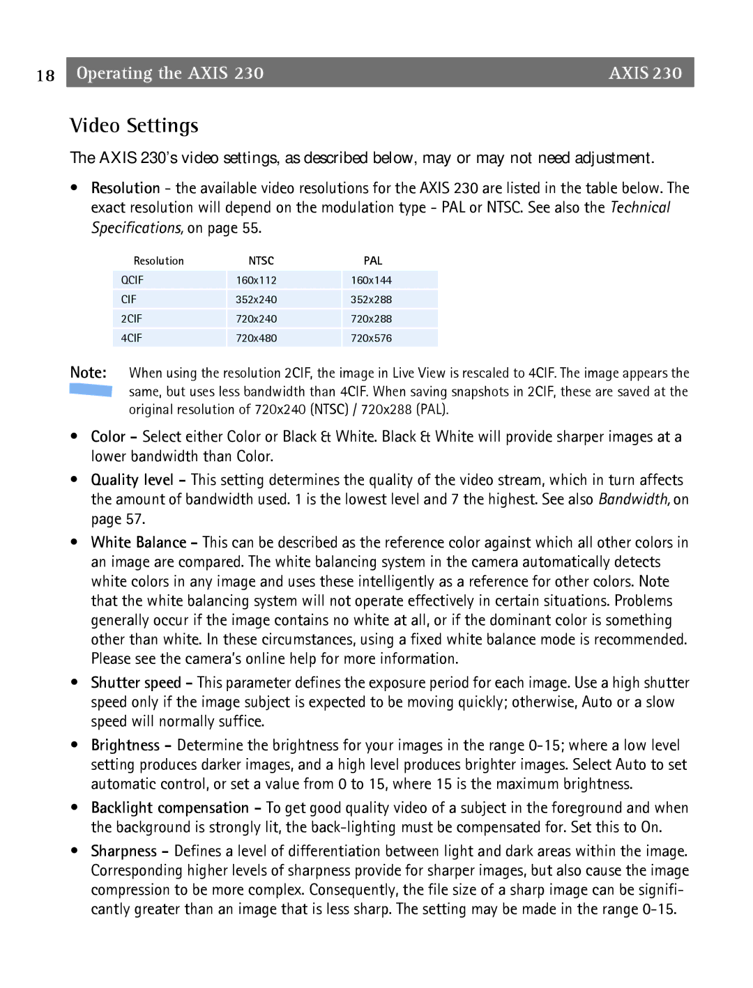 Axis Communications 2 user manual Video Settings, Resolution 