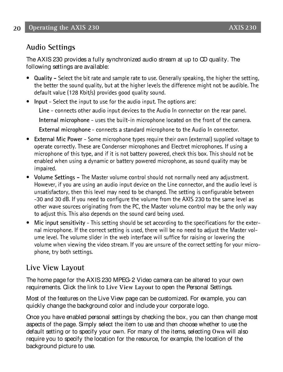 Axis Communications 2 user manual Audio Settings, Live View Layout 