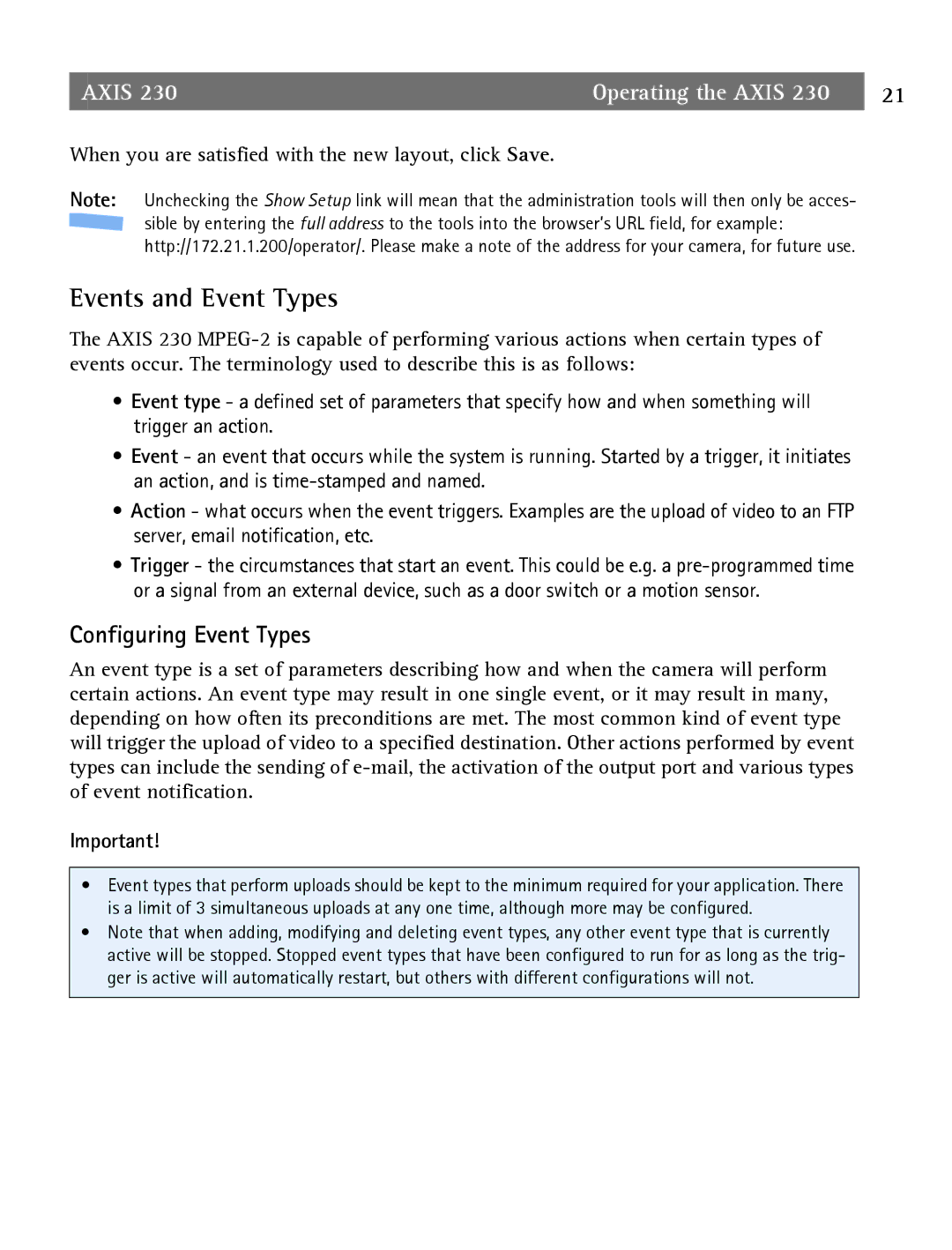 Axis Communications 2 user manual Events and Event Types, Configuring Event Types 