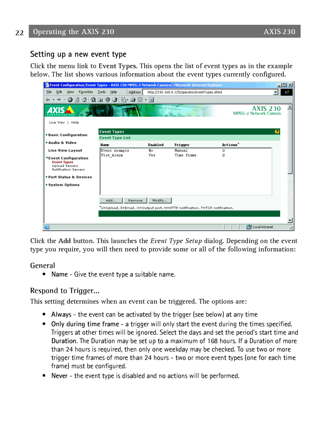 Axis Communications 2 user manual Setting up a new event type, General, Respond to Trigger 