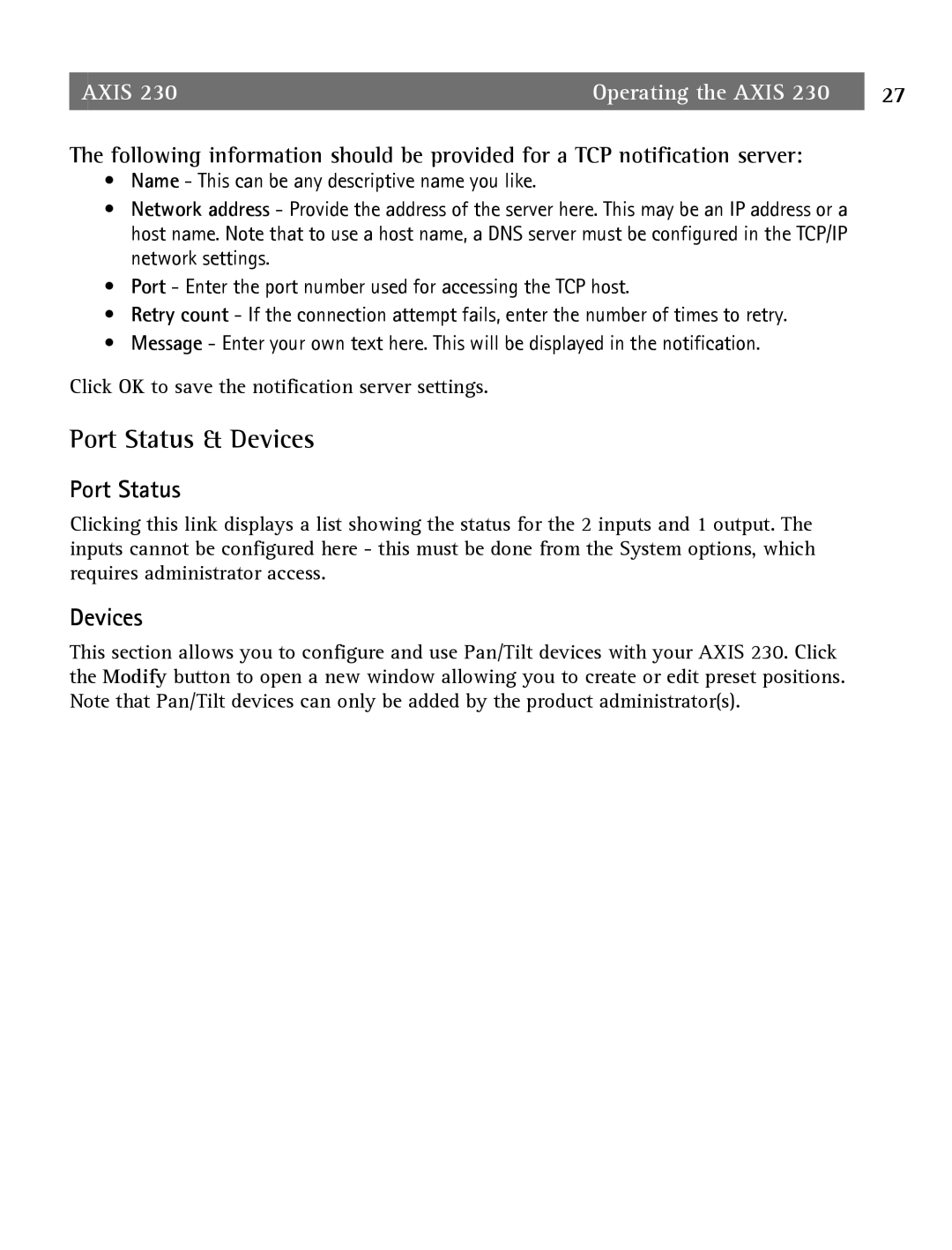 Axis Communications 2 user manual Port Status & Devices 