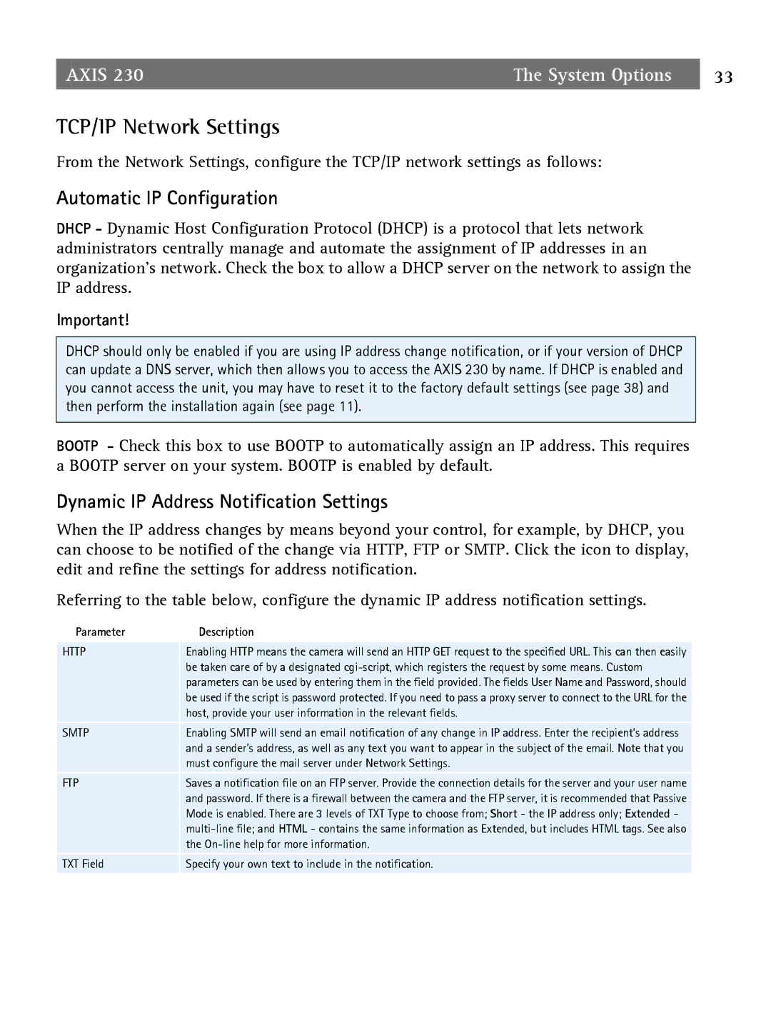 Axis Communications 2 TCP/IP Network Settings, Automatic IP Configuration, Dynamic IP Address Notification Settings 