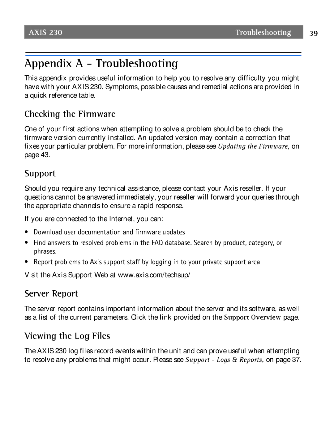 Axis Communications 2 Appendix a Troubleshooting, Checking the Firmware, Support, Server Report, Viewing the Log Files 