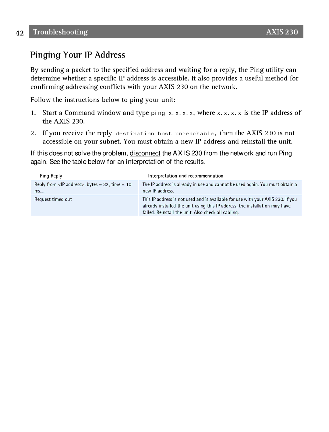 Axis Communications 2 user manual Pinging Your IP Address, Ping Reply Interpretation and recommendation 