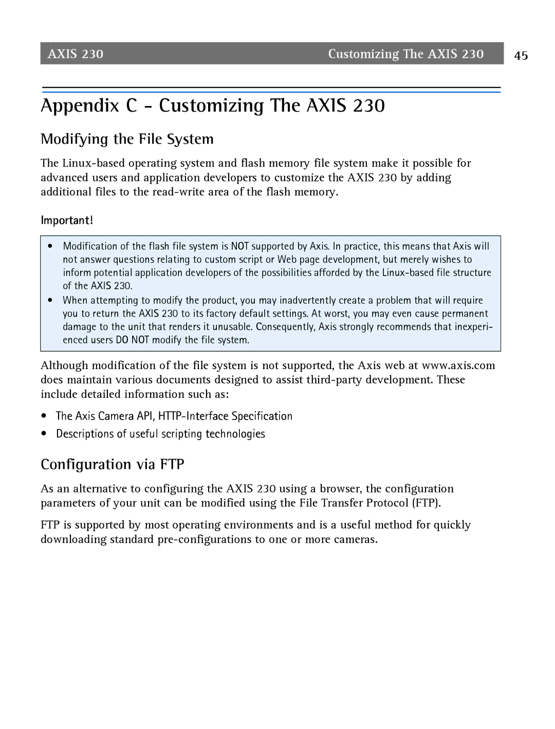 Axis Communications 2 user manual Appendix C Customizing The Axis, Modifying the File System, Configuration via FTP 