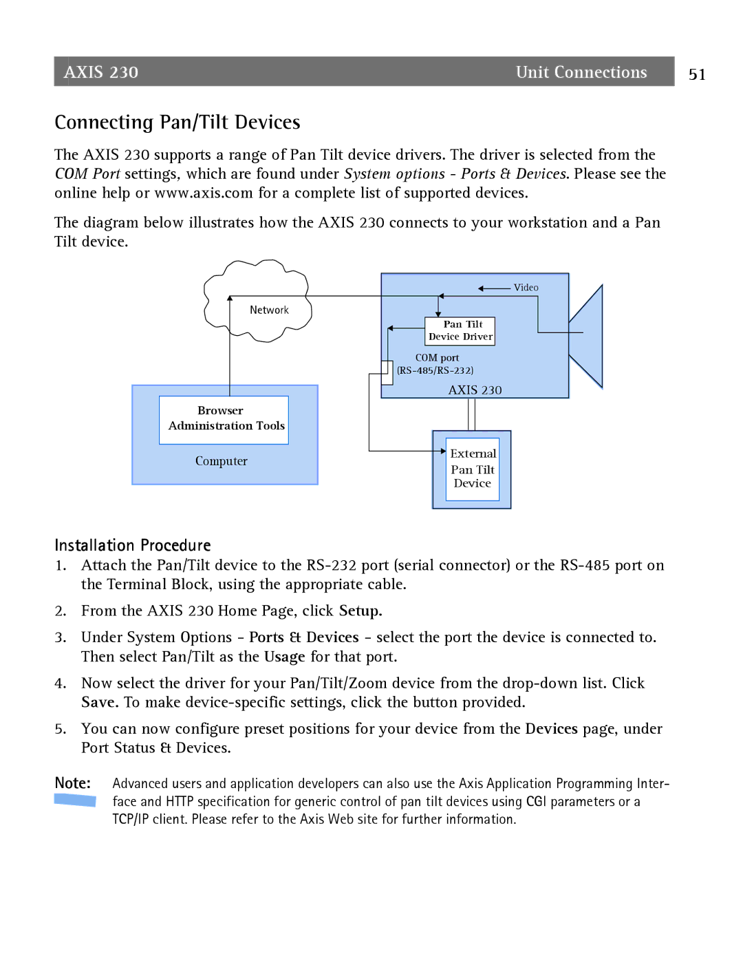 Axis Communications 2 user manual Connecting Pan/Tilt Devices, Installation Procedure, Browser Administration Tools 