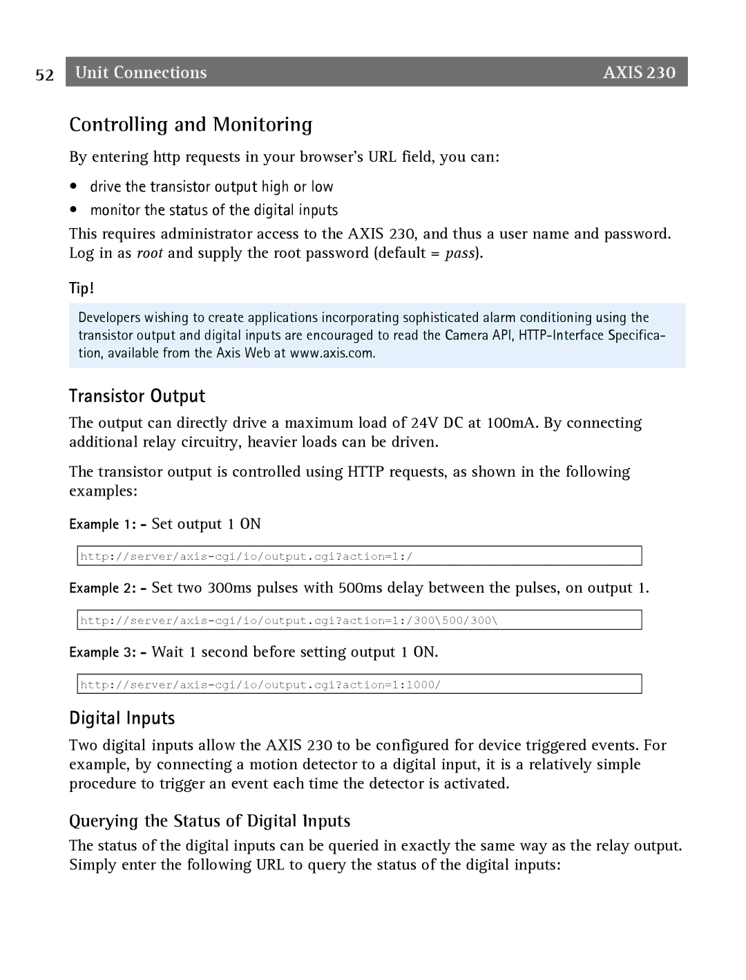 Axis Communications 2 user manual Controlling and Monitoring, Transistor Output, Querying the Status of Digital Inputs 