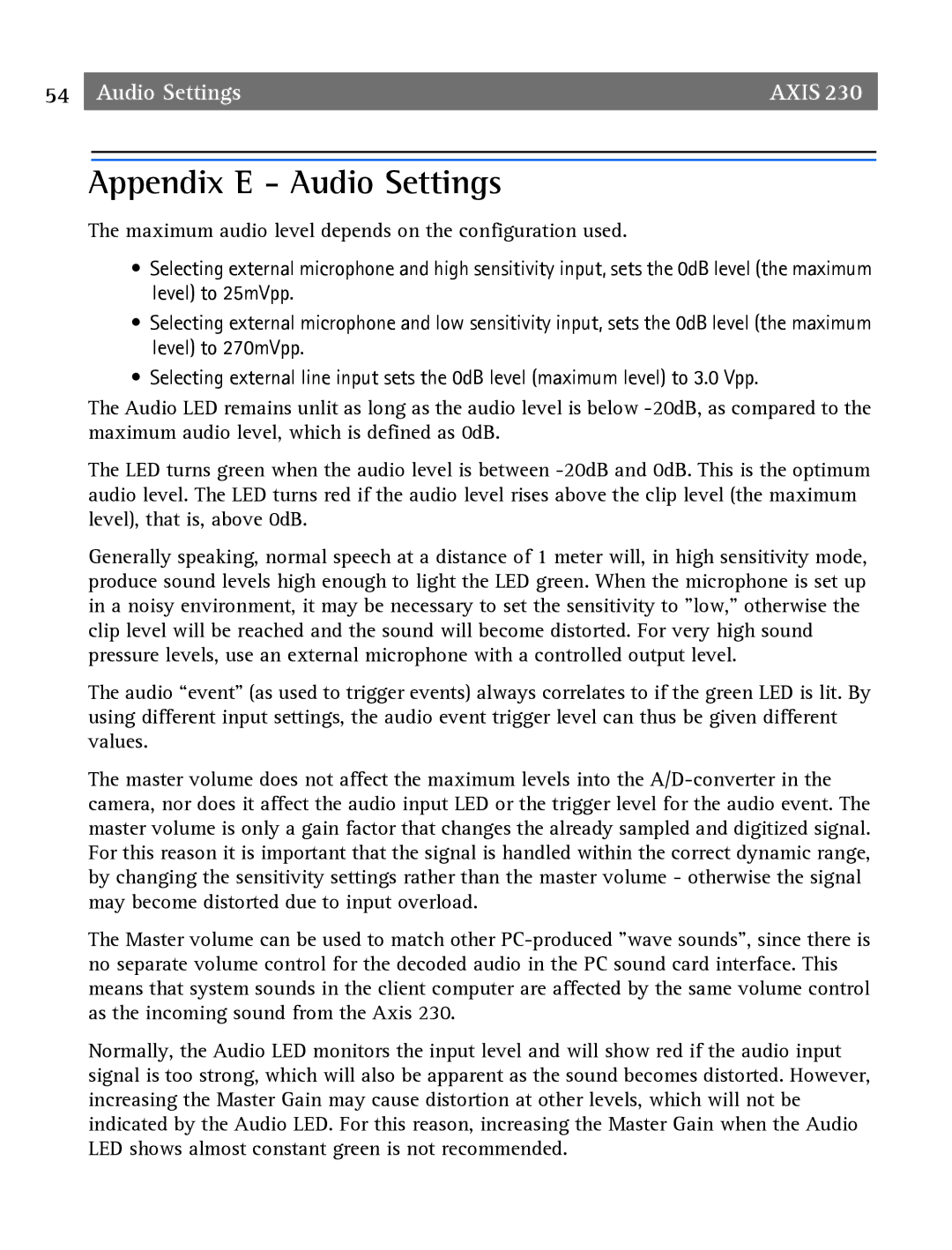 Axis Communications 2 user manual Appendix E Audio Settings 