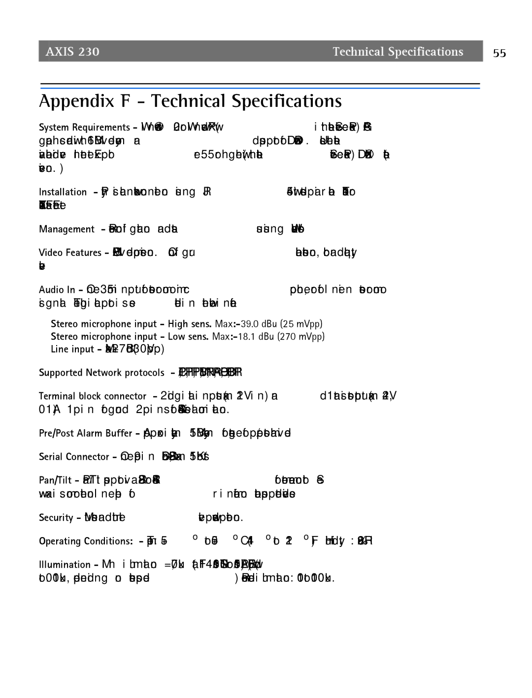 Axis Communications 2 user manual Appendix F Technical Specifications 