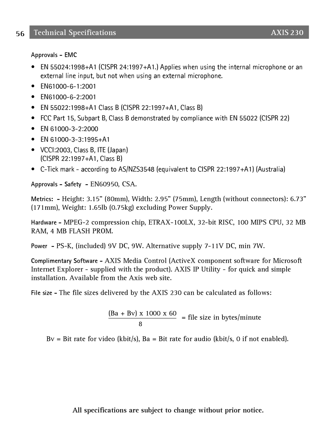 Axis Communications 2 user manual Technical Specifications Axis 