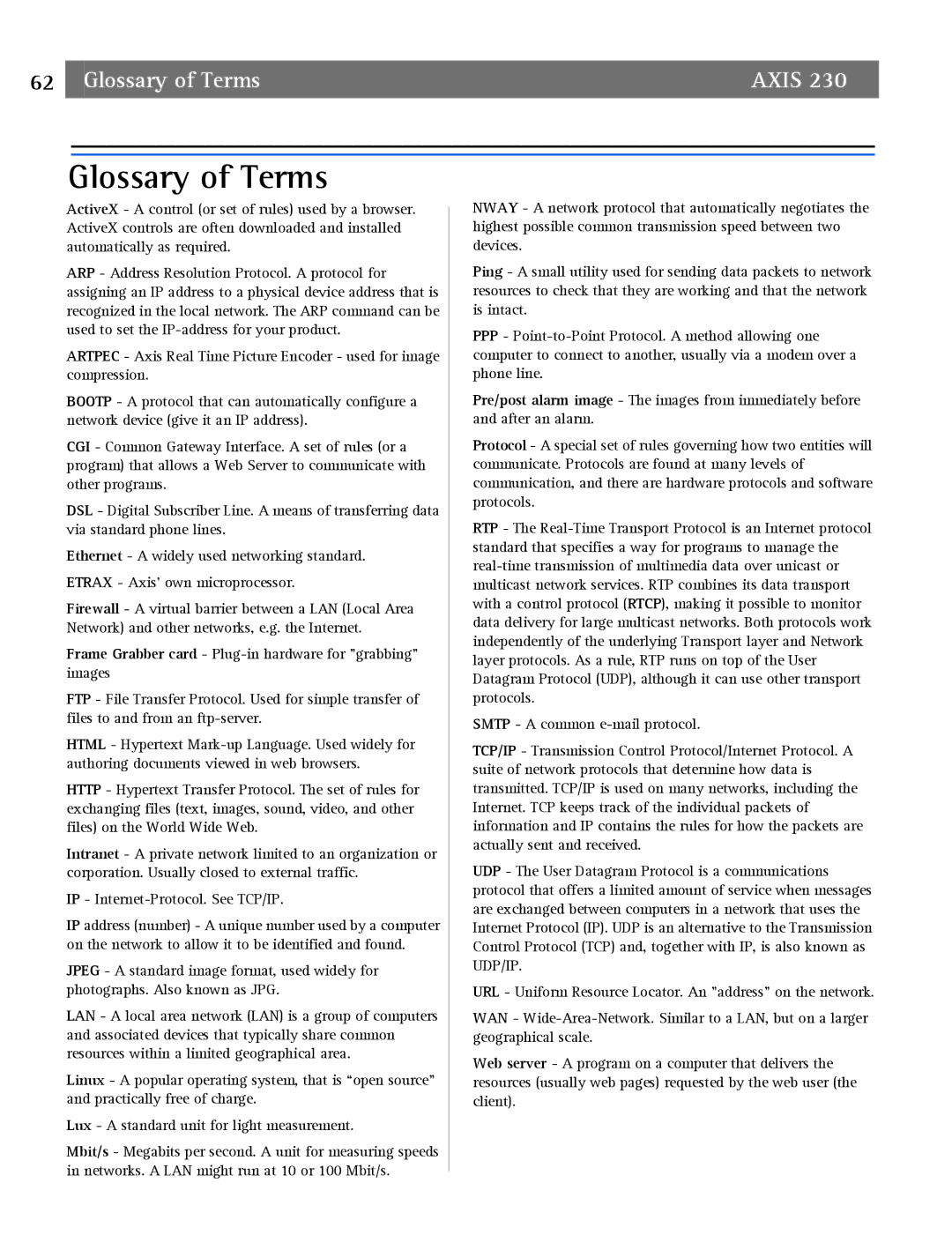 Axis Communications 2 user manual Glossary of Terms 