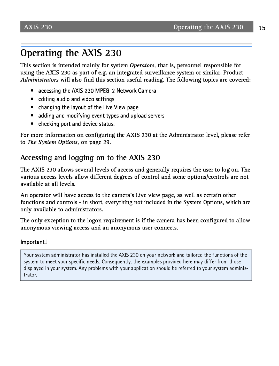 Axis Communications 2 user manual Operating the AXIS, Accessing and logging on to the AXIS, Axis 